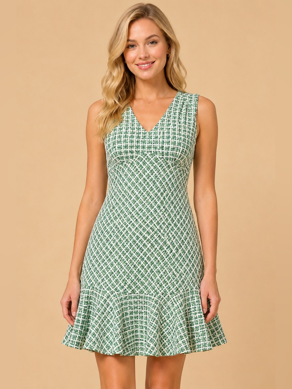 Taylor Soft Boucle Tweed You Fit & Flare Dress Green Metallic Coquette Preppy